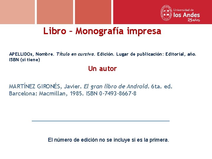 Libro – Monografía impresa APELLIDOs, Nombre. Título en cursiva. Edición. Lugar de publicación: Editorial,