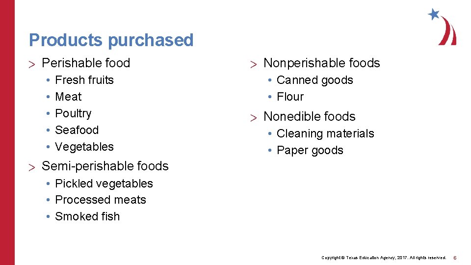 Products purchased > Perishable food • • • Fresh fruits Meat Poultry Seafood Vegetables