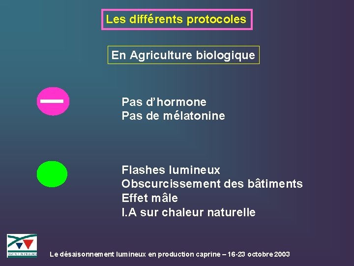 Les différents protocoles En Agriculture biologique Pas d’hormone Pas de mélatonine Flashes lumineux Obscurcissement