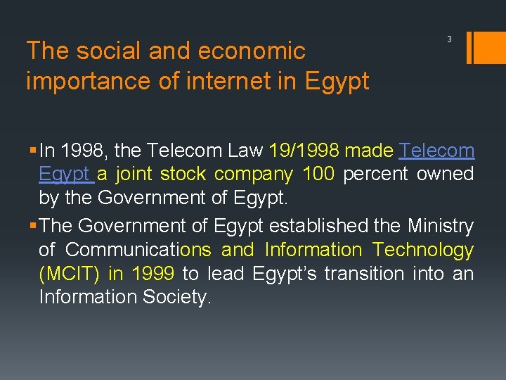 The social and economic importance of internet in Egypt 3 § In 1998, the