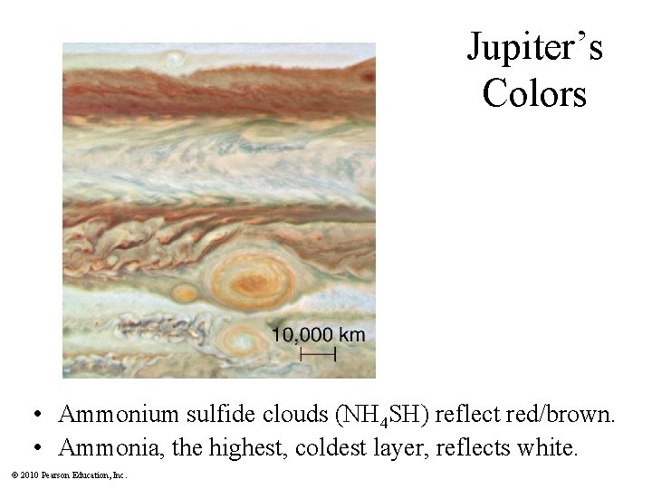 Jupiter’s Colors • Ammonium sulfide clouds (NH 4 SH) reflect red/brown. • Ammonia, the