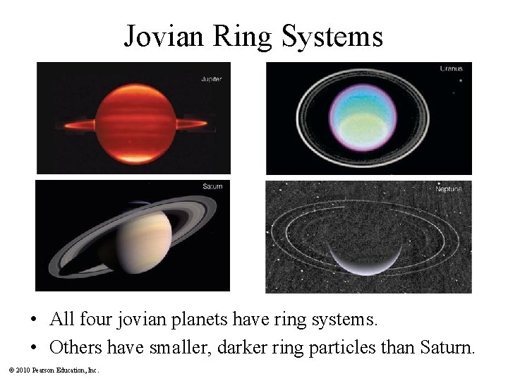 Jovian Ring Systems • All four jovian planets have ring systems. • Others have