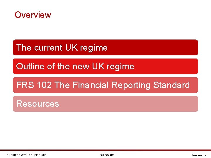 Overview The current UK regime Outline of the new UK regime FRS 102 The