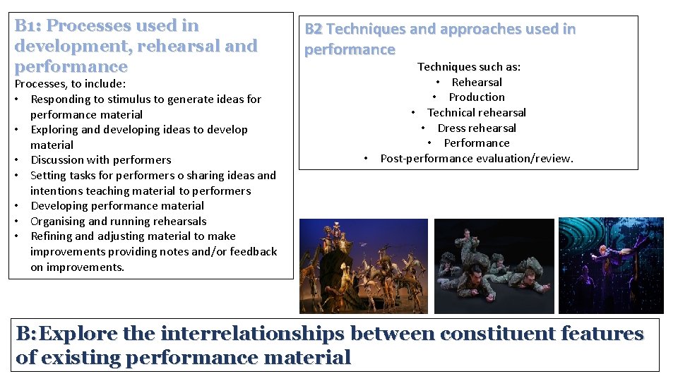 B 1: Processes used in development, rehearsal and performance Processes, to include: • Responding