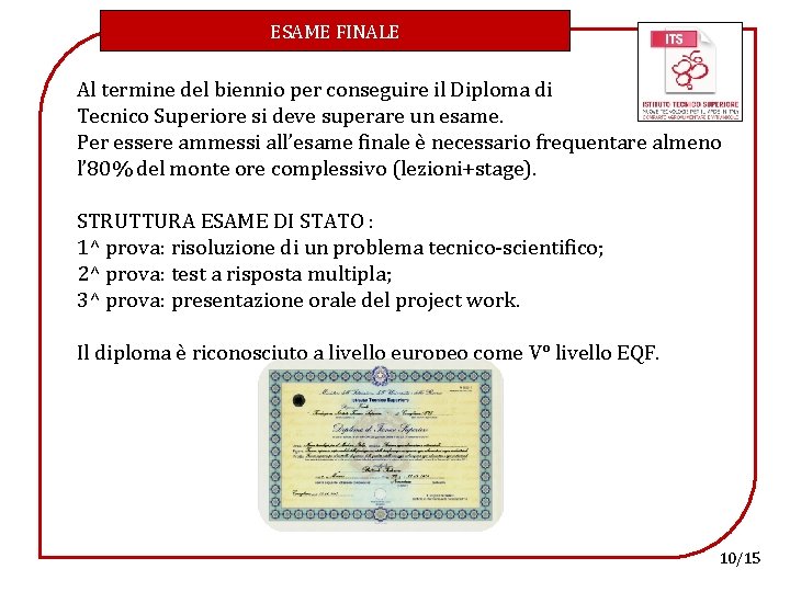 ESAME FINALE Al termine del biennio per conseguire il Diploma di Tecnico Superiore si