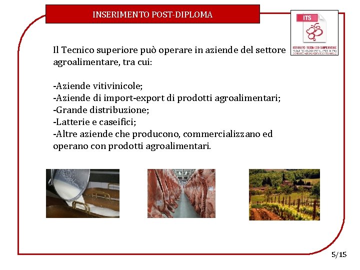 INSERIMENTO POST-DIPLOMA Il Tecnico superiore può operare in aziende del settore agroalimentare, tra cui: