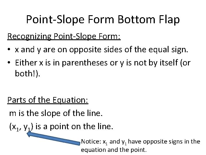 Point-Slope Form Bottom Flap Recognizing Point-Slope Form: • x and y are on opposite