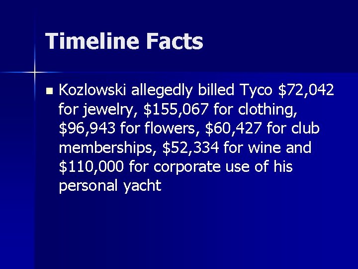 Timeline Facts n Kozlowski allegedly billed Tyco $72, 042 for jewelry, $155, 067 for Timeline Facts n Kozlowski allegedly billed Tyco $72, 042 for jewelry, $155, 067 for