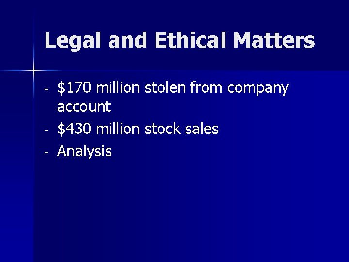 Legal and Ethical Matters - $170 million stolen from company account $430 million stock Legal and Ethical Matters - $170 million stolen from company account $430 million stock