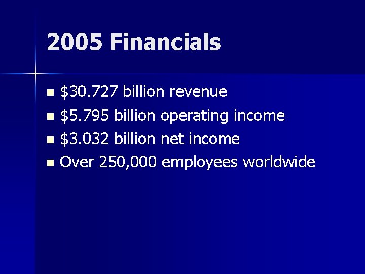2005 Financials $30. 727 billion revenue n $5. 795 billion operating income n $3. 2005 Financials $30. 727 billion revenue n $5. 795 billion operating income n $3.