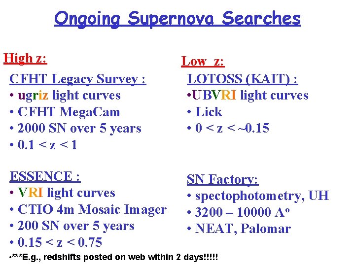 Ongoing Supernova Searches High z: CFHT Legacy Survey : • ugriz light curves •