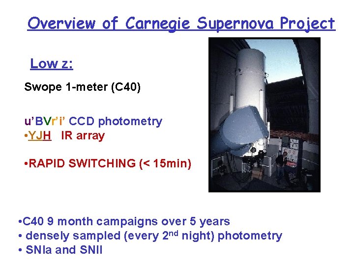 Overview of Carnegie Supernova Project Low z: Swope 1 -meter (C 40) u’BVr’i’ CCD