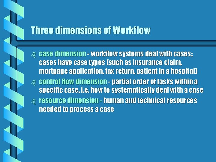 Three dimensions of Workflow b b b case dimension - workflow systems deal with