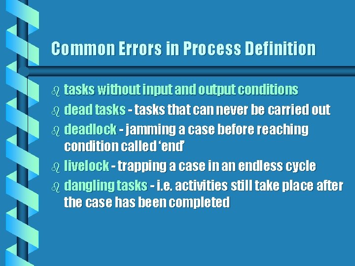 Common Errors in Process Definition b tasks without input and output conditions b dead