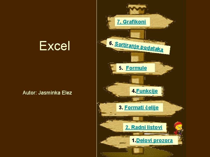 7. Grafikoni Excel 6. Sortira nje poda taka 5. . Formule Autor: Jasminka Elez