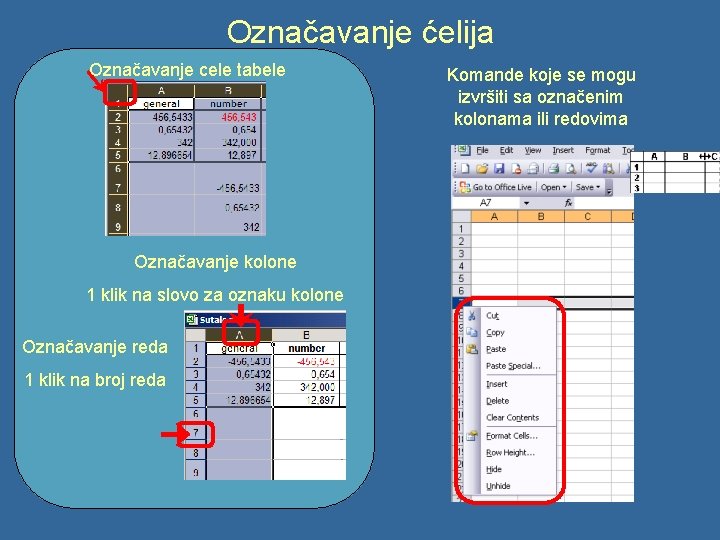 Označavanje ćelija Označavanje cele tabele Označavanje kolone 1 klik na slovo za oznaku kolone