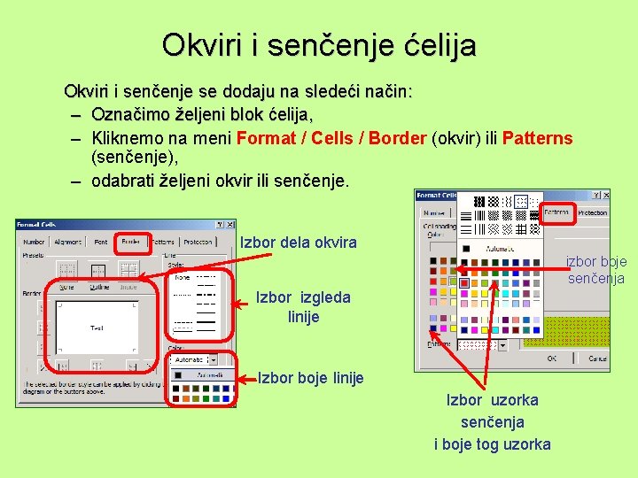 Okviri i senčenje ćelija Okviri i senčenje se dodaju na sledeći način: – Označimo