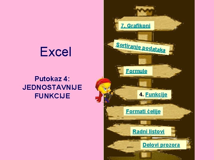 7. Grafikoni Excel Sortiranj e podata ka Formule Putokaz 4: JEDNOSTAVNIJE FUNKCIJE 4. Funkcije