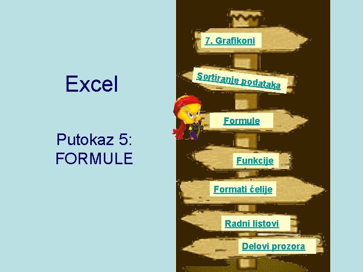 7. Grafikoni Excel Sortiranj e podata ka 5. Formule Putokaz 5: FORMULE Funkcije Formati