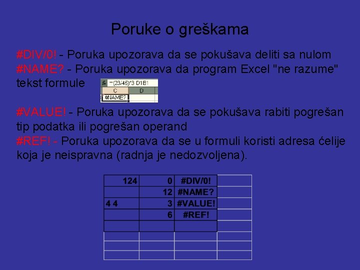 Poruke o greškama #DIV/0! - Poruka upozorava da se pokušava deliti sa nulom. #NAME?