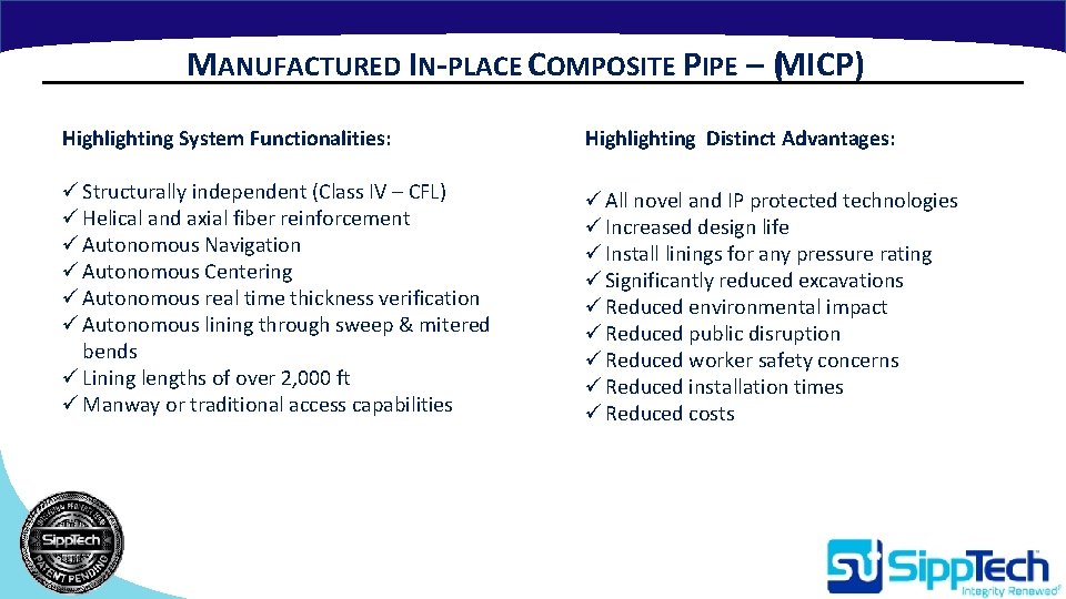 MANUFACTURED IN-PLACE COMPOSITE PIPE – (MICP) Highlighting System Functionalities: Highlighting Distinct Advantages: ü Structurally MANUFACTURED IN-PLACE COMPOSITE PIPE – (MICP) Highlighting System Functionalities: Highlighting Distinct Advantages: ü Structurally
