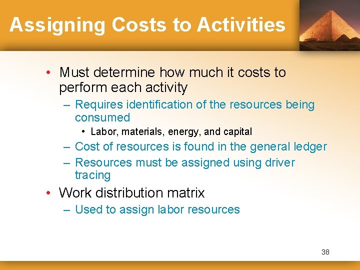 Assigning Costs to Activities • Must determine how much it costs to perform each