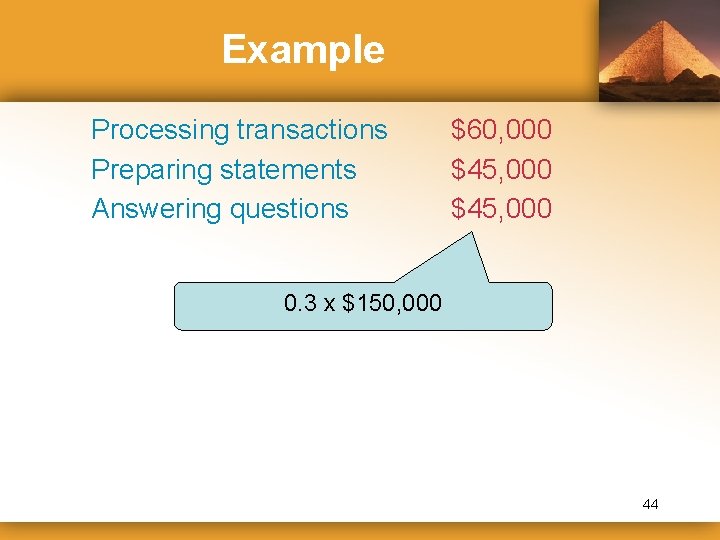 Example Processing transactions Preparing statements Answering questions $60, 000 $45, 000 0. 3 x