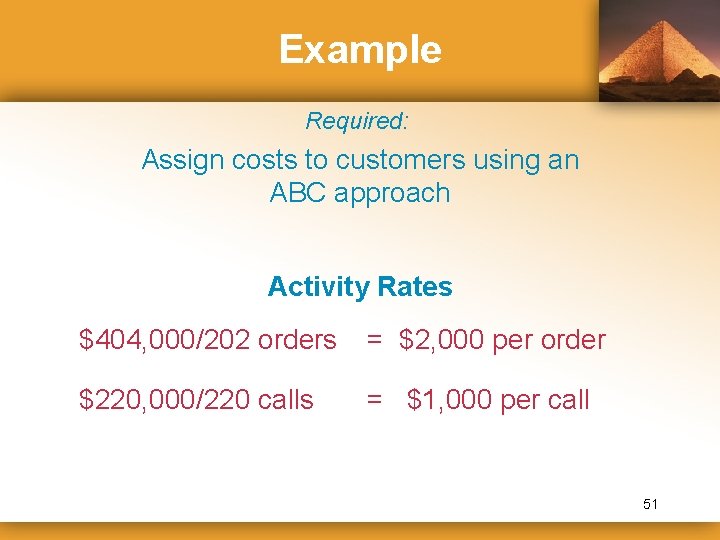 Example Required: Assign costs to customers using an ABC approach Activity Rates $404, 000/202