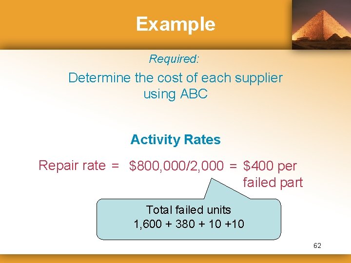 Example Required: Determine the cost of each supplier using ABC Activity Rates Repair rate