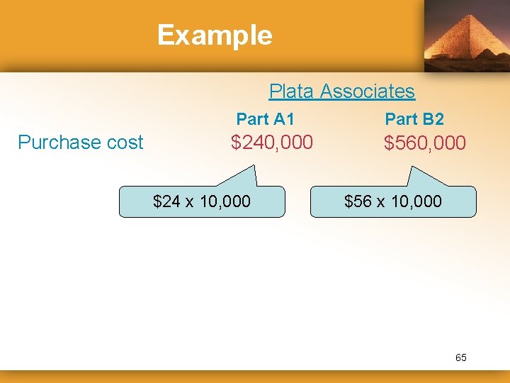 Example Plata Associates Purchase cost Part A 1 Part B 2 $240, 000 $560,