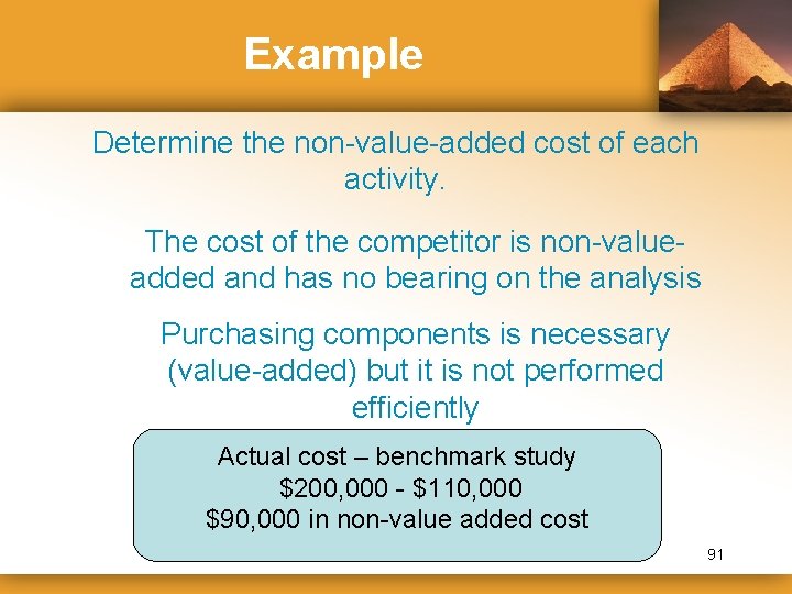Example Determine the non-value-added cost of each activity. The cost of the competitor is