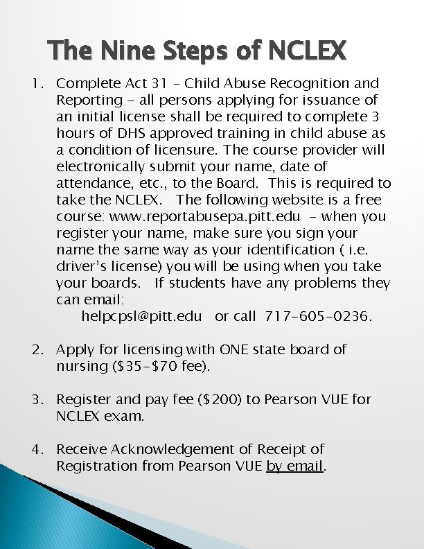 The Nine Steps of NCLEX 1. Complete Act 31 – Child Abuse Recognition and