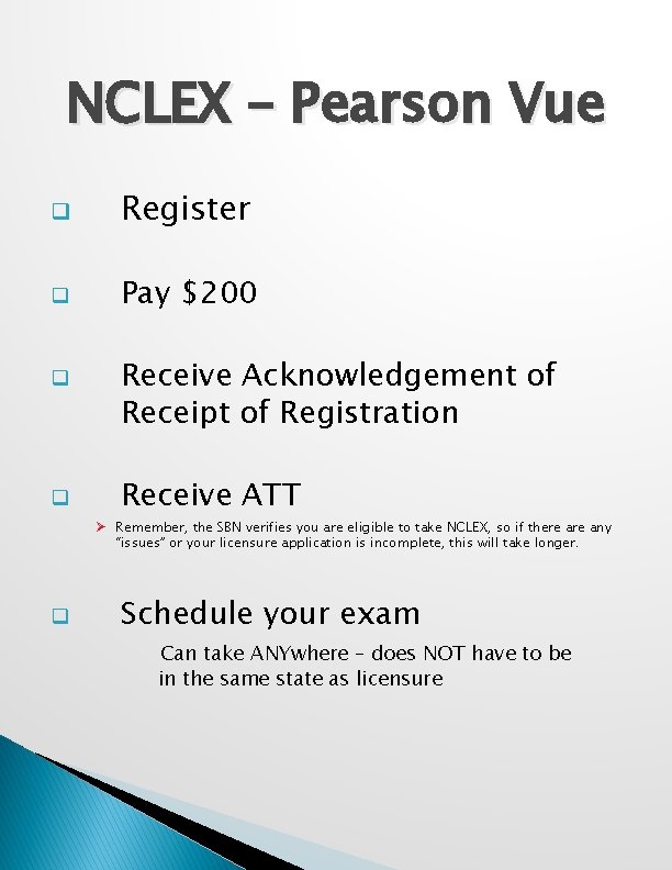 NCLEX – Pearson Vue q Register q Pay $200 q q Receive Acknowledgement of