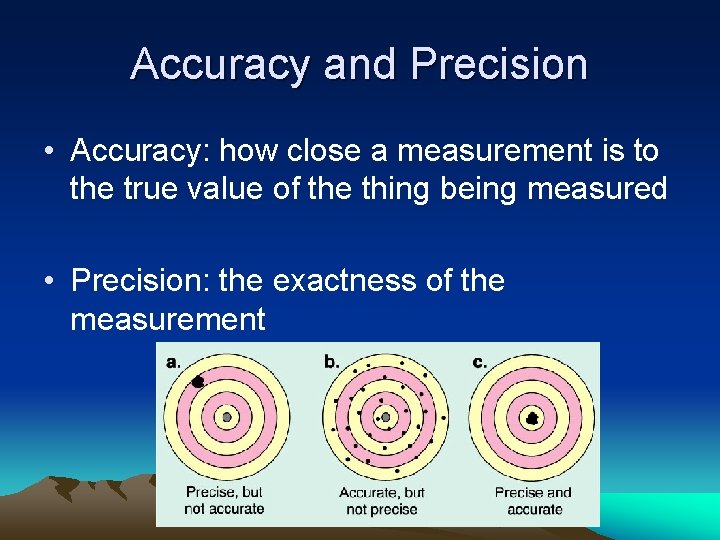 Accuracy and Precision • Accuracy: how close a measurement is to the true value