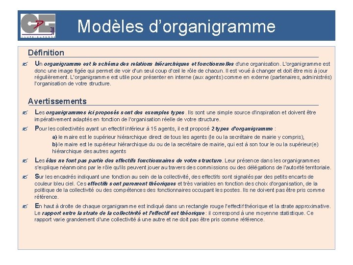 Modèles d’organigramme Définition Un organigramme est le schéma des relations hiérarchiques et fonctionnelles d’une