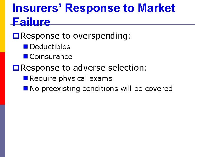 Insurers’ Response to Market Failure p Response to overspending: n Deductibles n Coinsurance p