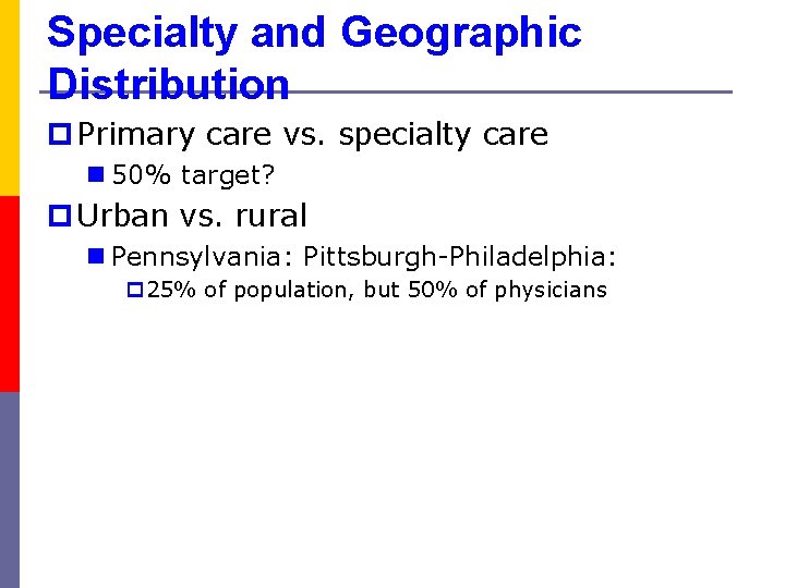 Specialty and Geographic Distribution p Primary care vs. specialty care n 50% target? p