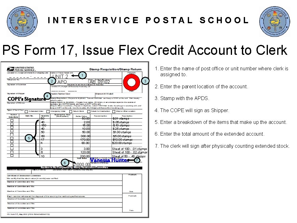 INTERSERVICE POSTAL SCHOOL PS Form 17, Issue Flex Credit Account to Clerk UNIT 2