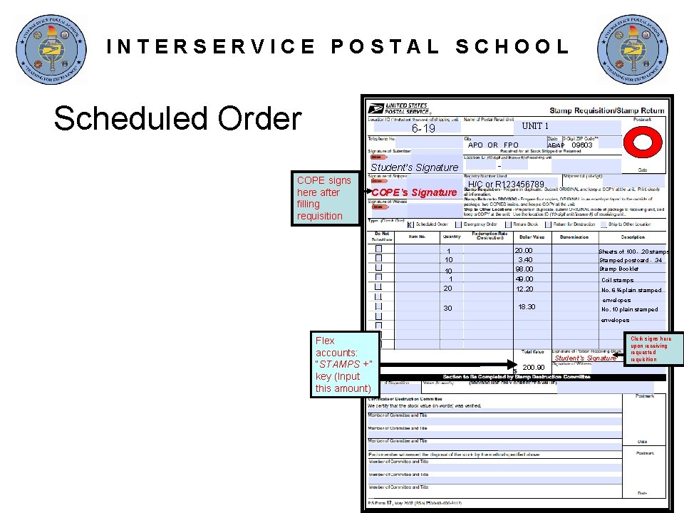 INTERSERVICE POSTAL SCHOOL Scheduled Order UNIT 1 6 -19 APO OR FPO AE/AP 09603