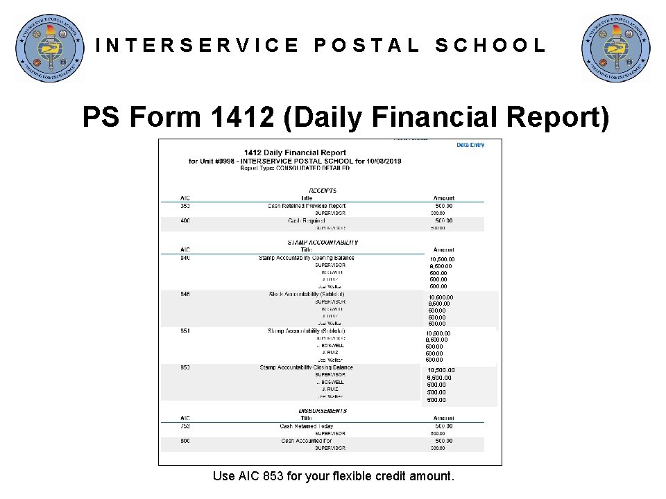 INTERSERVICE POSTAL SCHOOL PS Form 1412 (Daily Financial Report) 10, 500. 00 8, 500.