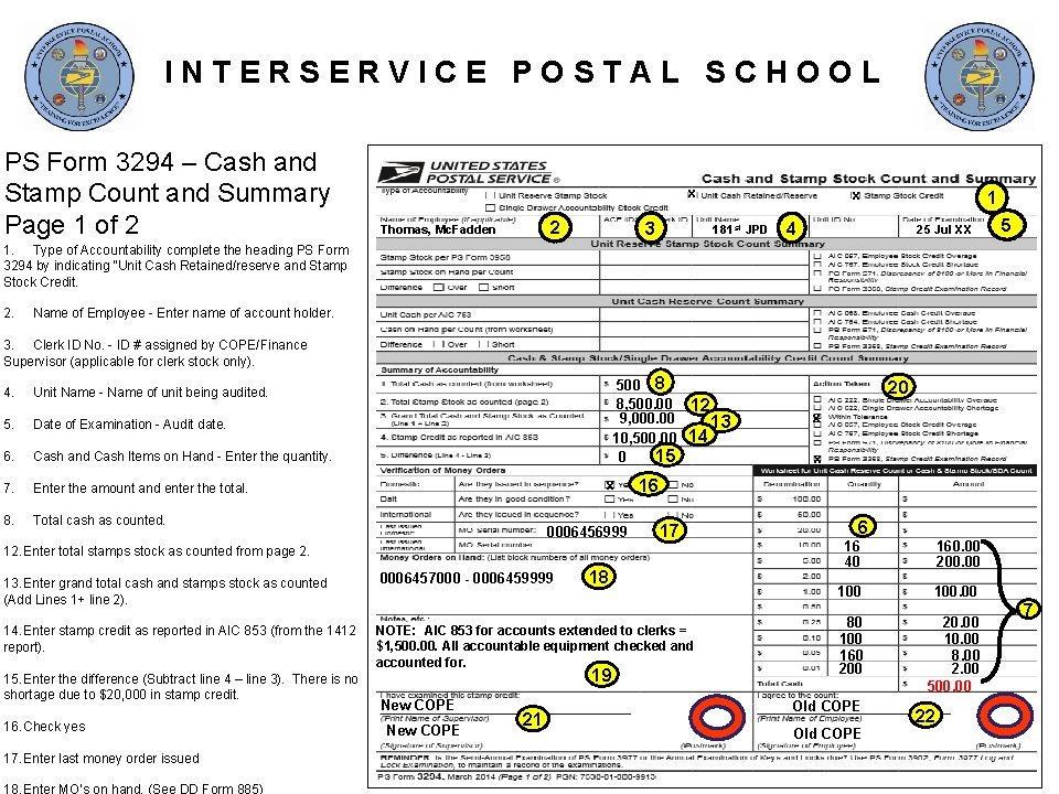 INTERSERVICE POSTAL SCHOOL PS Form 3294 – Cash and Stamp Count and Summary Page