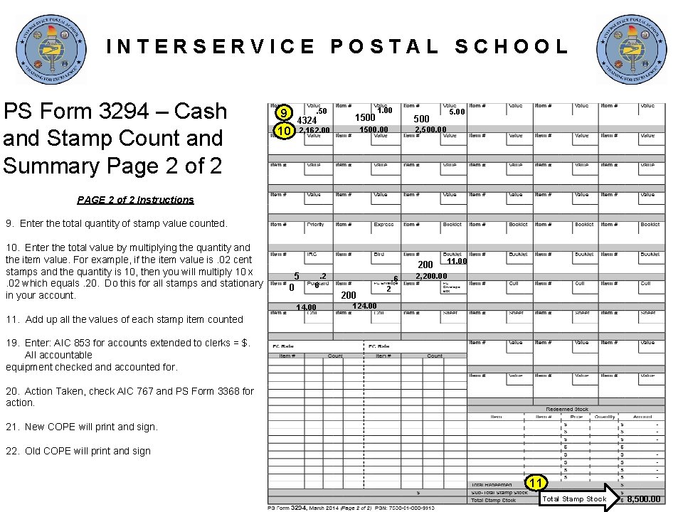 INTERSERVICE POSTAL SCHOOL PS Form 3294 – Cash and Stamp Count and Summary Page