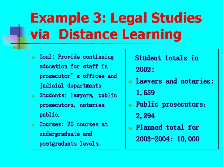 Example 3: Legal Studies via Distance Learning 8 Goal: Provide continuing Student totals in Example 3: Legal Studies via Distance Learning 8 Goal: Provide continuing Student totals in