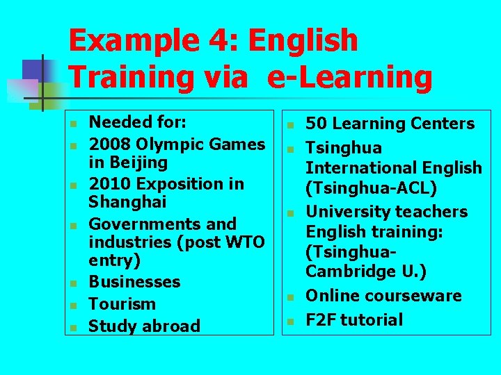 Example 4: English Training via e-Learning n n n n Needed for: 2008 Olympic Example 4: English Training via e-Learning n n n n Needed for: 2008 Olympic