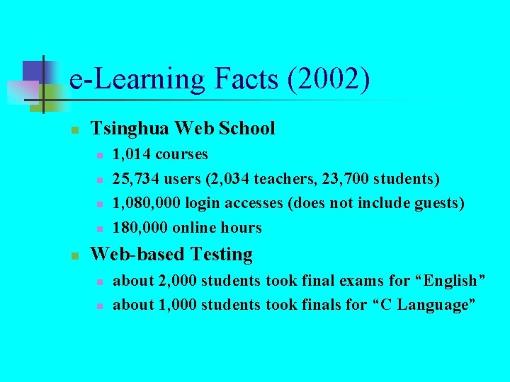 e-Learning Facts (2002) n Tsinghua Web School n n n 1, 014 courses 25, e-Learning Facts (2002) n Tsinghua Web School n n n 1, 014 courses 25,