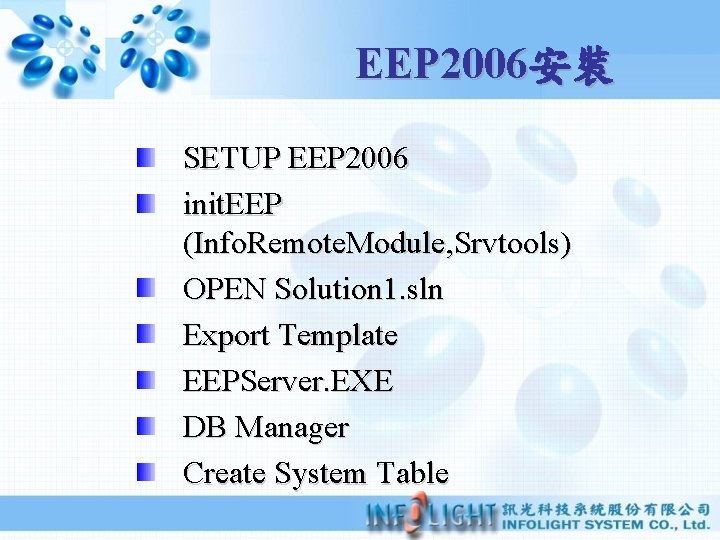 EEP 2006安裝 SETUP EEP 2006 init. EEP (Info. Remote. Module, Srvtools) OPEN Solution 1.