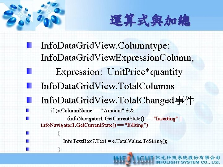 運算式與加總 Info. Data. Grid. View. Columntype: Info. Data. Grid. View. Expression. Column, Expression: Unit.