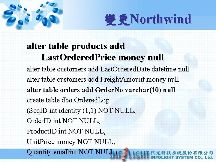 變更Northwind alter table products add Last. Ordered. Price money null alter table customers add