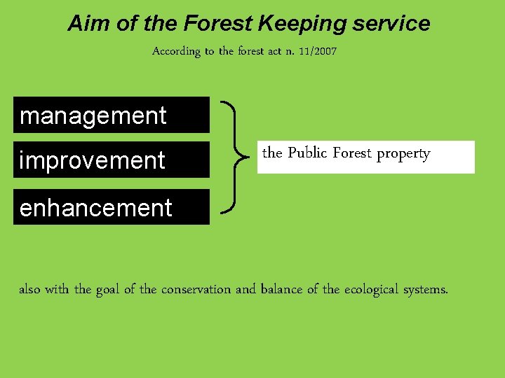 Aim of the Forest Keeping service According to the forest act n. 11/2007 management