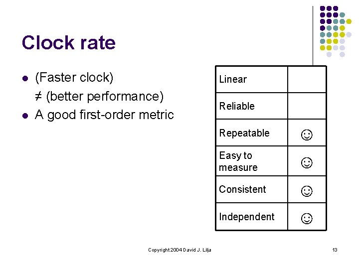 Clock rate l l (Faster clock) ≠ (better performance) A good first-order metric Copyright